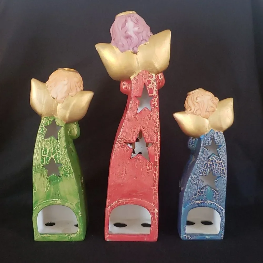 Vintage Set of 3 Lovely Ceramic Angel Votive Tealight Candle Holder Luminaries